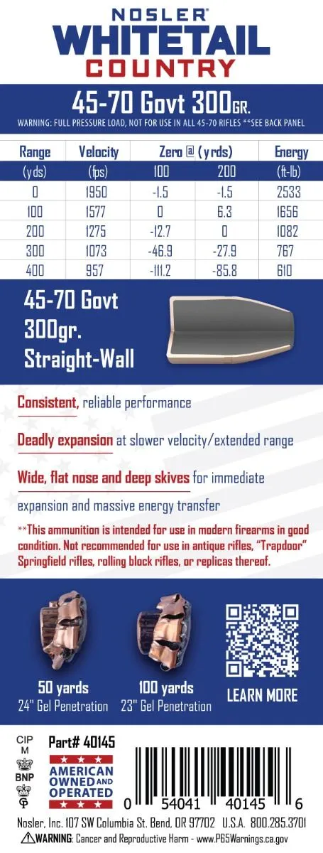 NOSLER WHITETAIL AMMO 45-70 GOVT 300GR SW